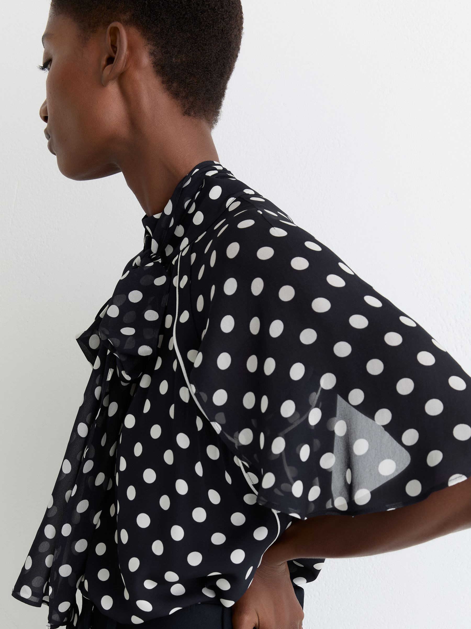 Polka-Dot Tie-Neck Blouse in Navy/Ivory | Reiss US