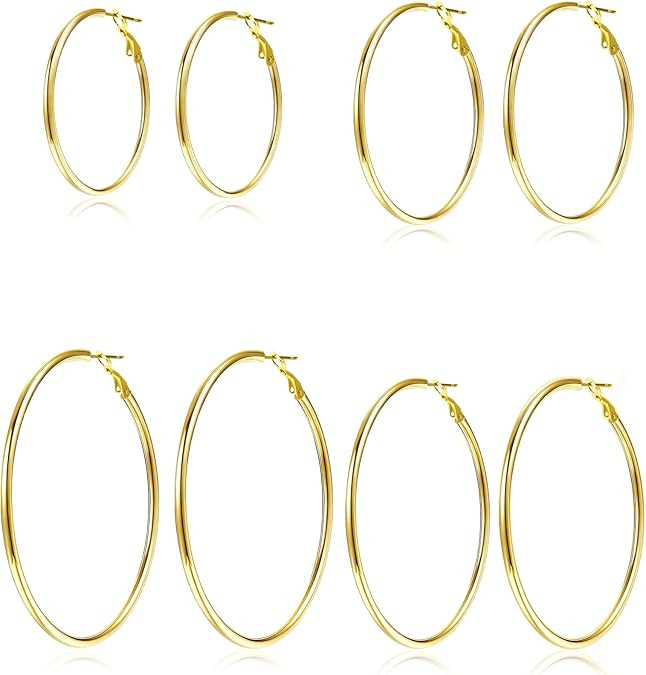 4 Pairs Silver Gold Hoop Earrings for Women 30/40/50/60 mm Stainless Steel 14K Gold Plated Hoop E... | Amazon (US)