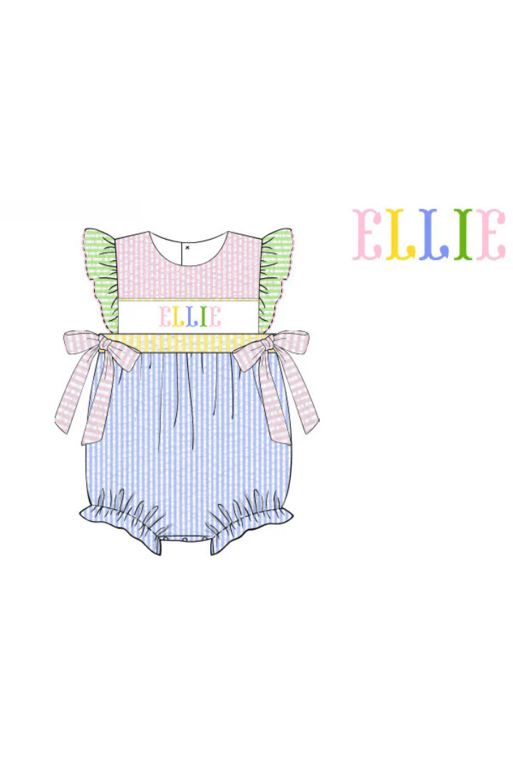 Pre-Order Custom Hand Smocked Name Colorblock Seersucker Bubble | The Smocked Flamingo