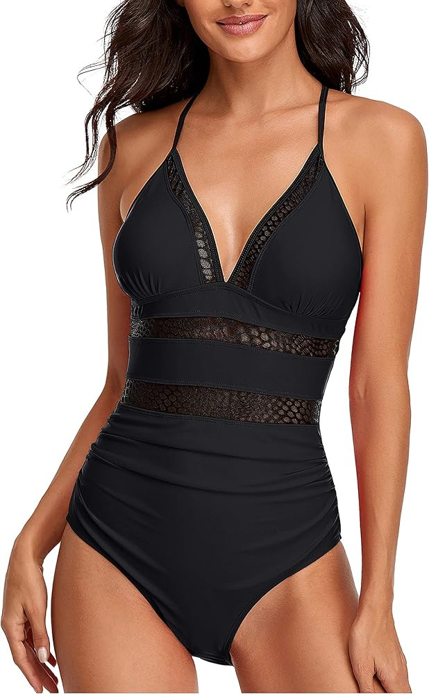 Womens V-Neck One Piece Swimsuits Slimming Tummy Control Bathing Suits Crosscriss Back Vintage Sw... | Amazon (US)