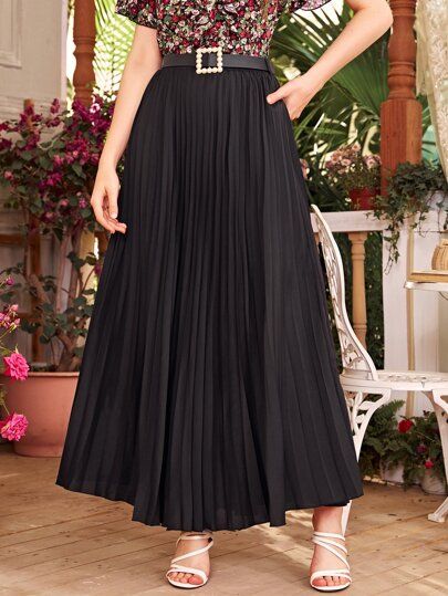 Belted Accordion Pleat Maxi Skirt | SHEIN