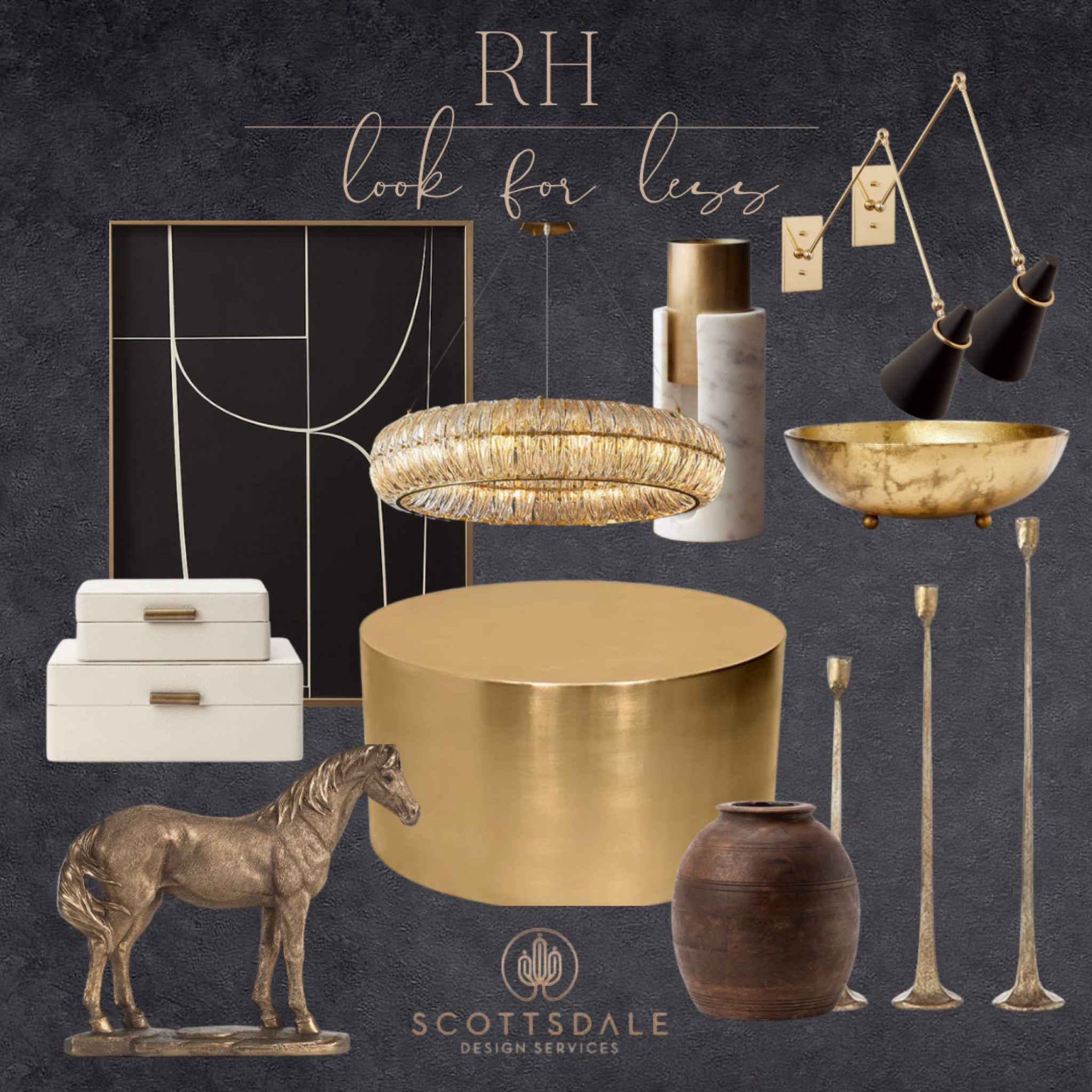RH look for less curated finds!🖤✨

Black and gold decor, round coffee table, forged candle sticks, brass bowl, modern wall art, horse decor, decorative boxes, chandelier, rh, restoration hardware, brown vase, vessel, home decor

#LTKhome #LTKFind #LTKstyletip