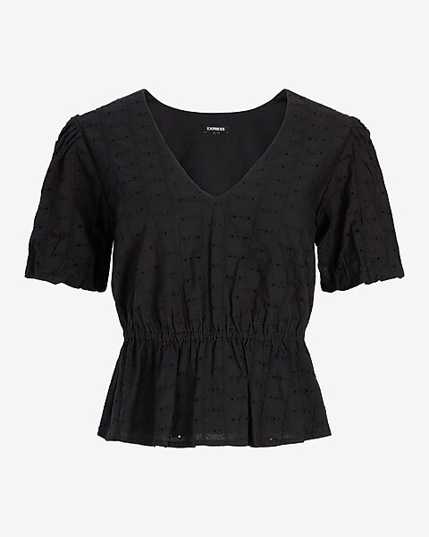 Eyelet Lace Puff Sleeve Peplum Top | Express