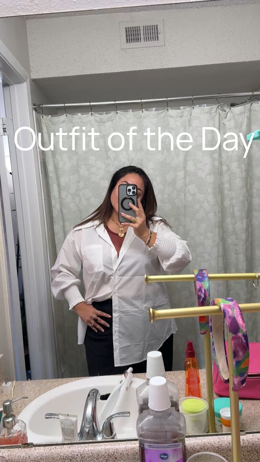 Autumn outfit. Fall look. White button up with burgundy, lace bra, and black lounge pants with pockets. Topped with gold and silver jewelry.

#LTKStyleTip #LTKPetite #LTKSeasonal