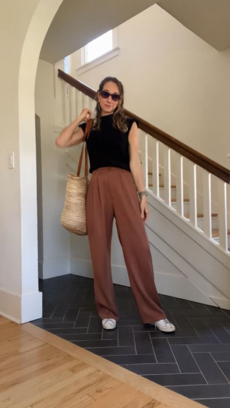 Love these pants so much I bought them in 2 more colors. Wide leg pants with mock neck sweater tank,  sneakers & straw bag  

#LTKfindsunder50