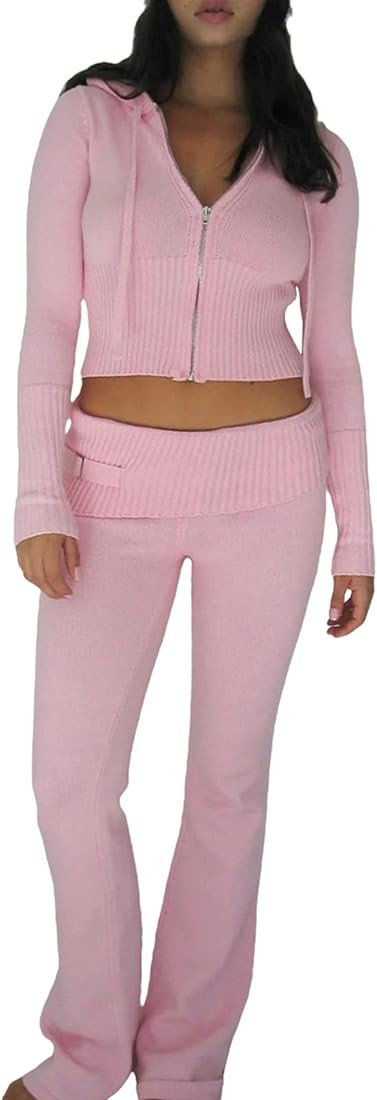 Lizxun Women Ribbed Knit 2 Piece Outfits Long Sleeve Zipper-Up Slim Fit Hooded Crop Top Elastic L... | Amazon (US)