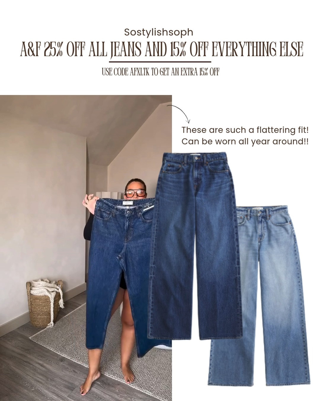 These are such a flattering fit! 
Can be worn all year around! Get 25% off all jeans and 15% off everything else. Use code AFxLTK to get an extra 15% off almost everything in stores and online at Abercrombie. 

A&F Jeans Outfits, Everyday Denim Looks, Casual Outfit Inspo, Light Wash Jeans, Relaxed Denim Fit, Neutral Basics, Easy Daywear, Off Duty Style, Everyday Wardrobe Staples 

 #LTKuk #LTKsummer #LTKautumn