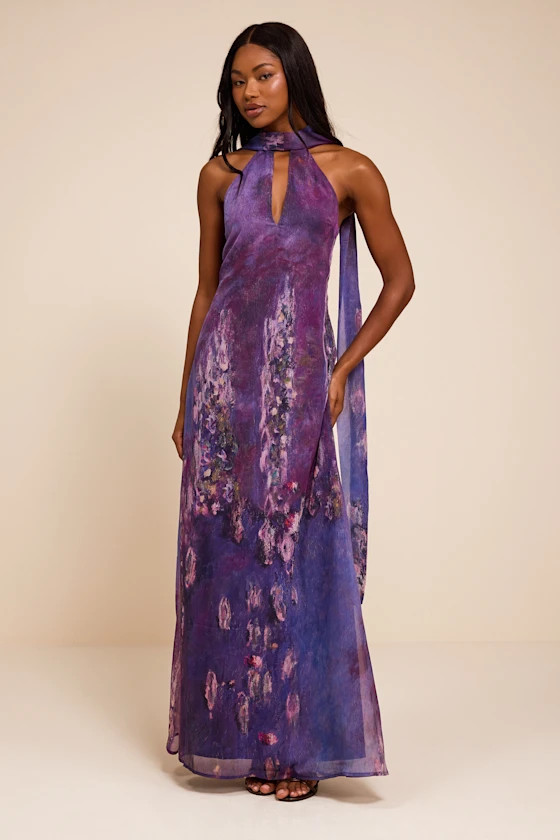 Calixta Purple Abstract Chiffon Sash Shift Maxi Dress | Lulus