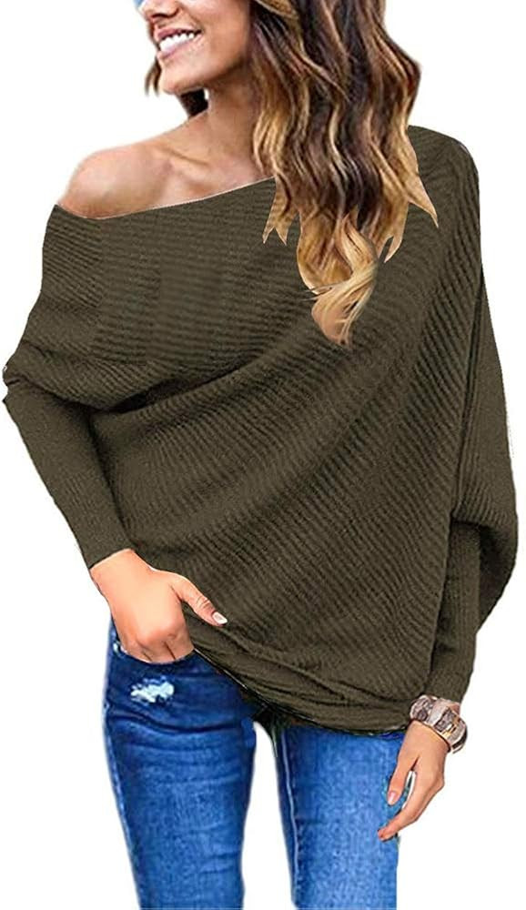 Women's Off Shoulder Batwing Sleeve Loose Pullover Sweater Knit Jumper Oversized Tunics Top | Amazon (US)