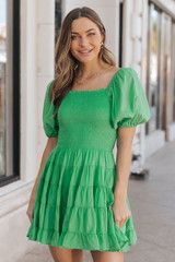 Green Short Sleeve Smocked Tiered Mini Dress | Magnolia Boutique