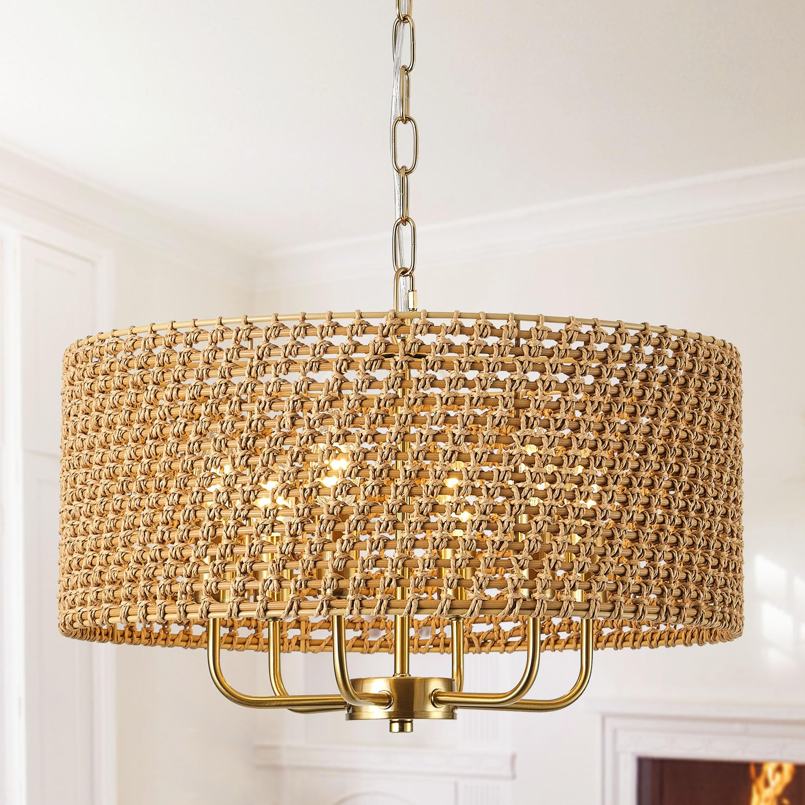 20" Rattan Large Boho Chandelier Ceiling Light Fixture, 6-Light Farmhouse Wicker Hand-Woven Chand... | Amazon (US)