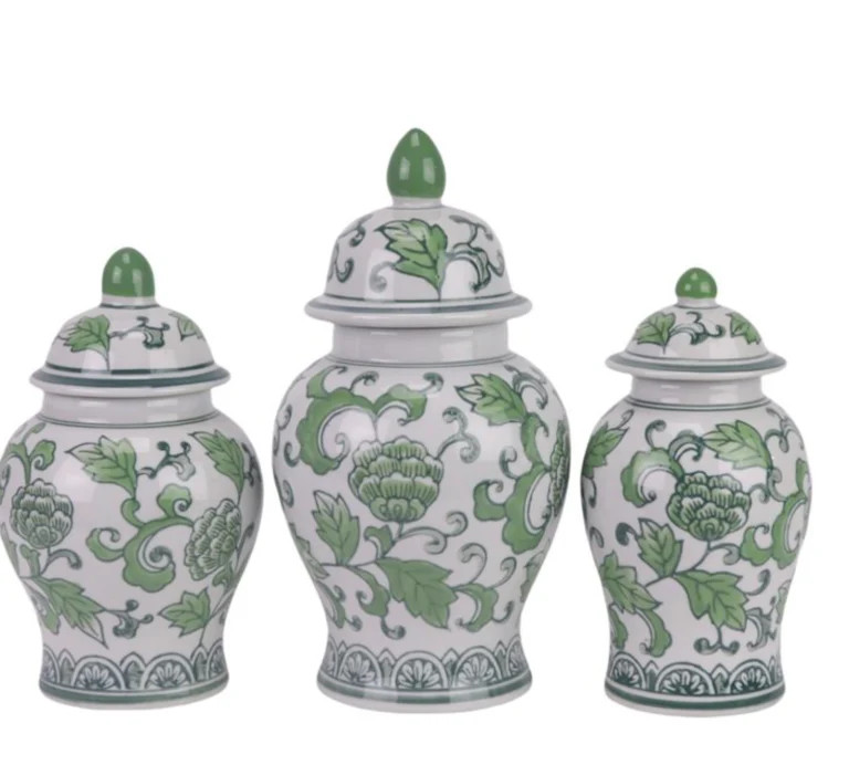 Set of 3 Green & White Floral Food Safe Jars | The Enchanted Home