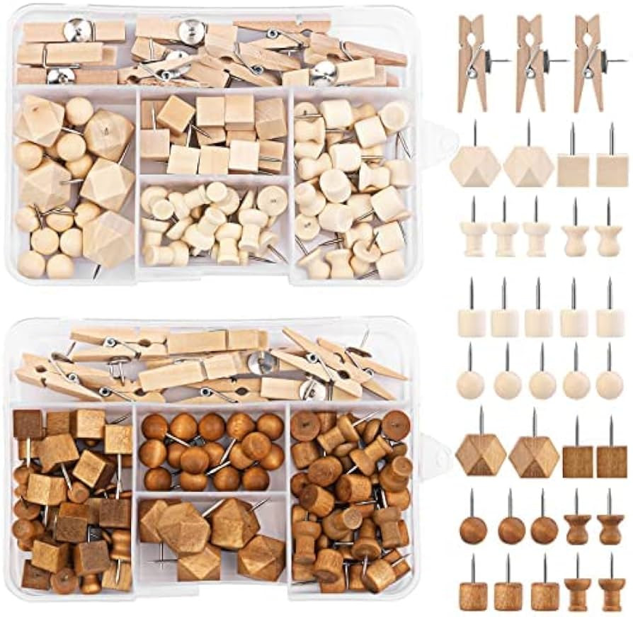 180 Pcs Wood Push Pins, 2 Colors and 7 Types Decorative Thumb Tacks Wooden Head Pin Wood Map Tack... | Amazon (US)