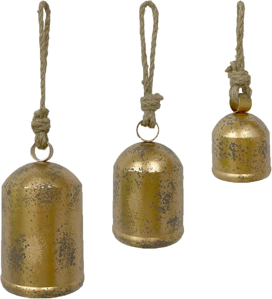 Brass Cow Shabby Chic Country Style Rustic Metal Hanging Giant Cow Bells Decor Set of 3 Christmas... | Amazon (US)