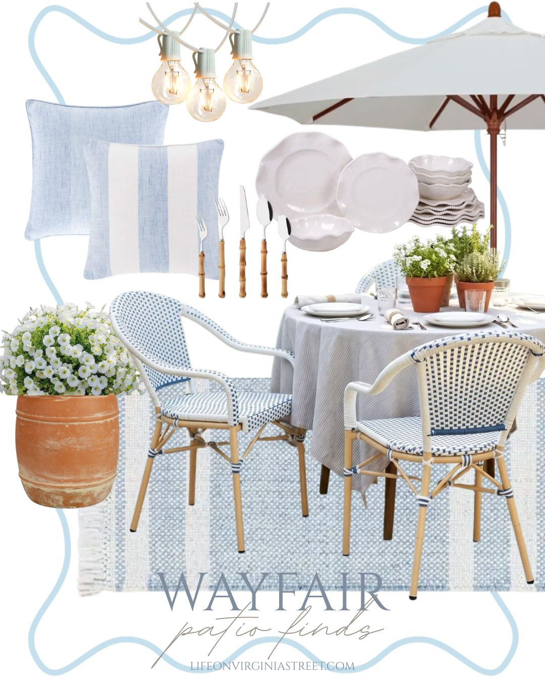 Chic outdoor dining inspiration with a Nancy Meyers meets coastal European bistro vibe! Many of these are currently on sale! See more here: https://lifeonvirginiastreet.com/outdoor-patio-designs-some-sale-finds/ @Wayfair

#LTKSeasonal #LTKHome #LTKSaleAlert