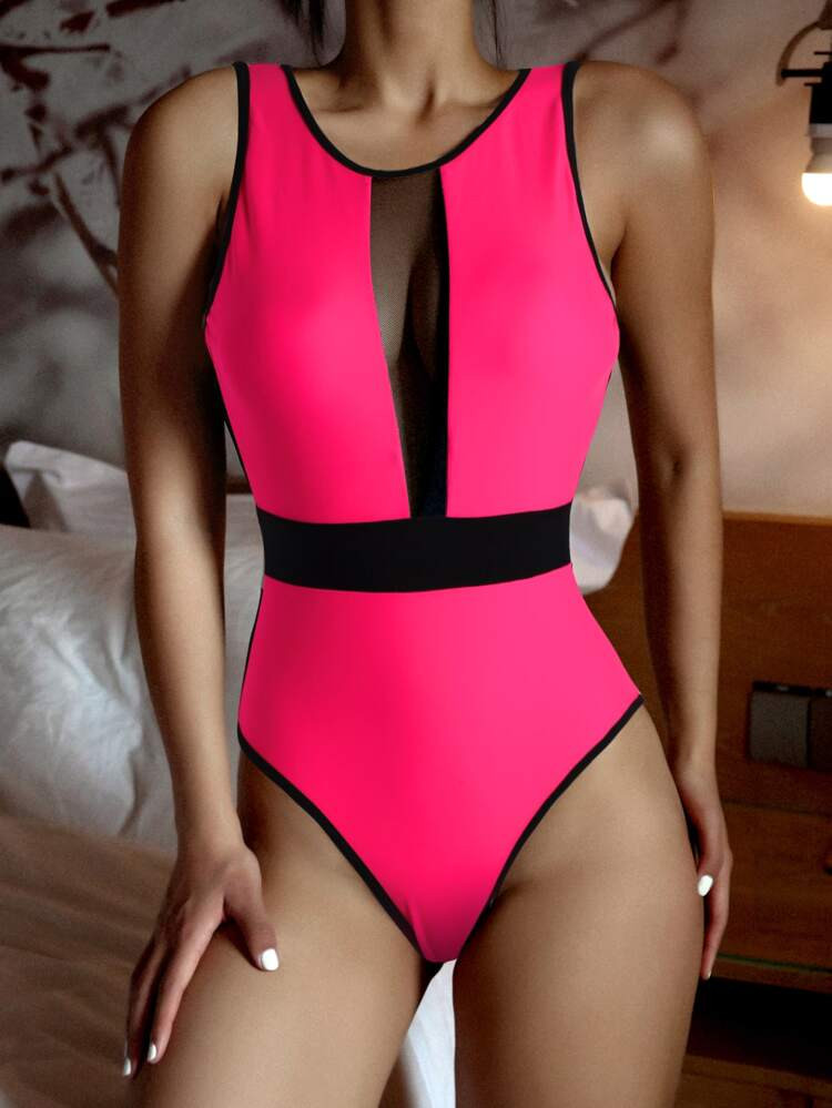 Neon Pink Contrast Mesh One Piece Swimsuit | SHEIN