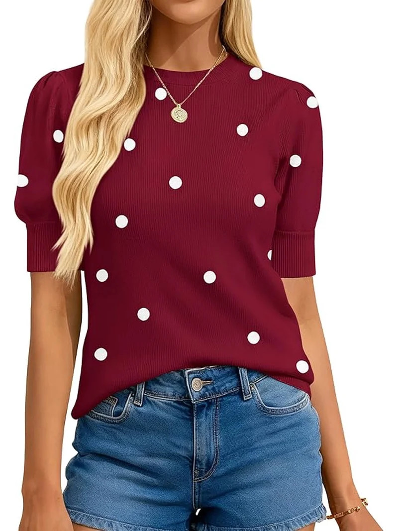 BTFBM Womens Sweaters Polka Dot Short Sleeve Sweater for Women Crew Neck Knit Summer Tops Busines... | Walmart (US)