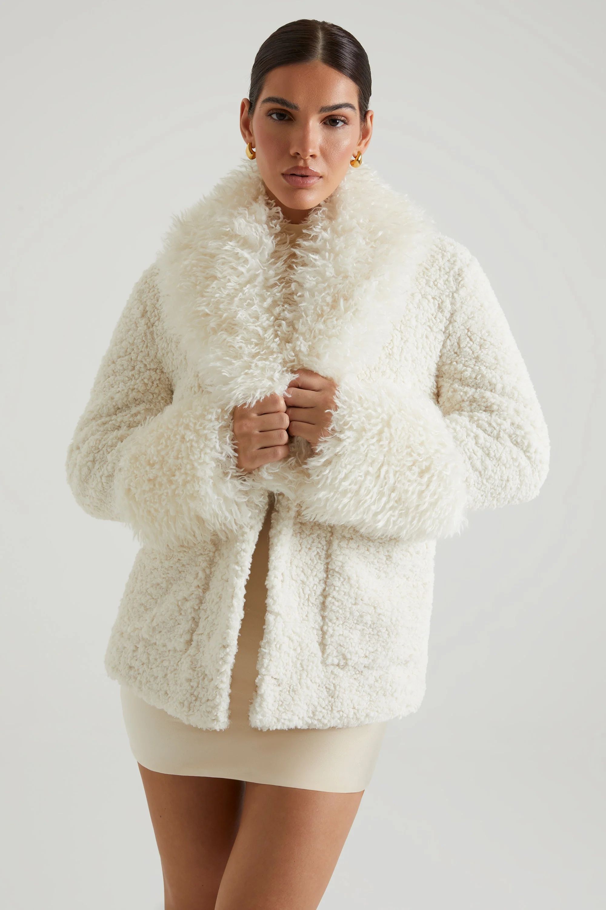 Shearling Coat with Large Front Pockets in Cream | Oh Polly