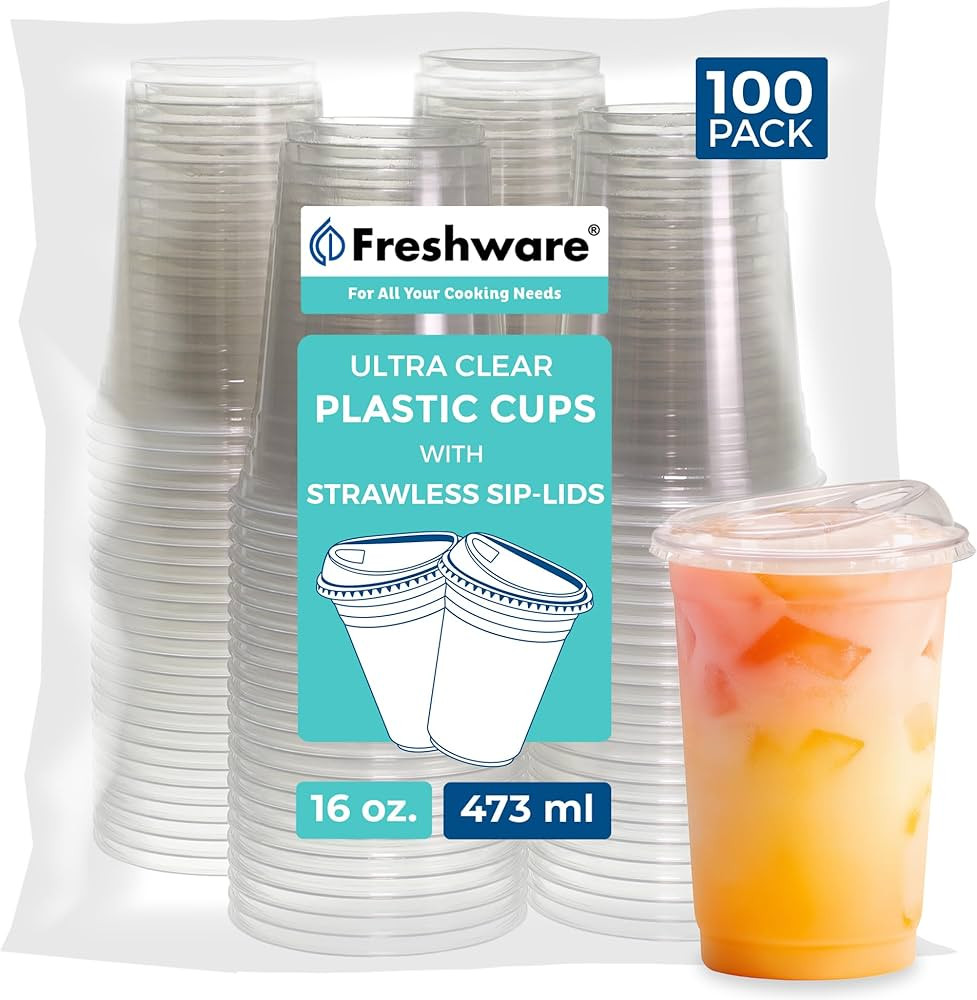 Freshware 16 oz Clear Disposable Plastic Cups with Strawless Sip Lids, 100 Pack Clear Plastic Tum... | Amazon (US)