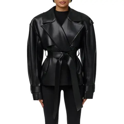 Naked Wardrobe Faux Leather Crop Trench Coat in Camel at Nordstrom, Size Medium | Nordstrom