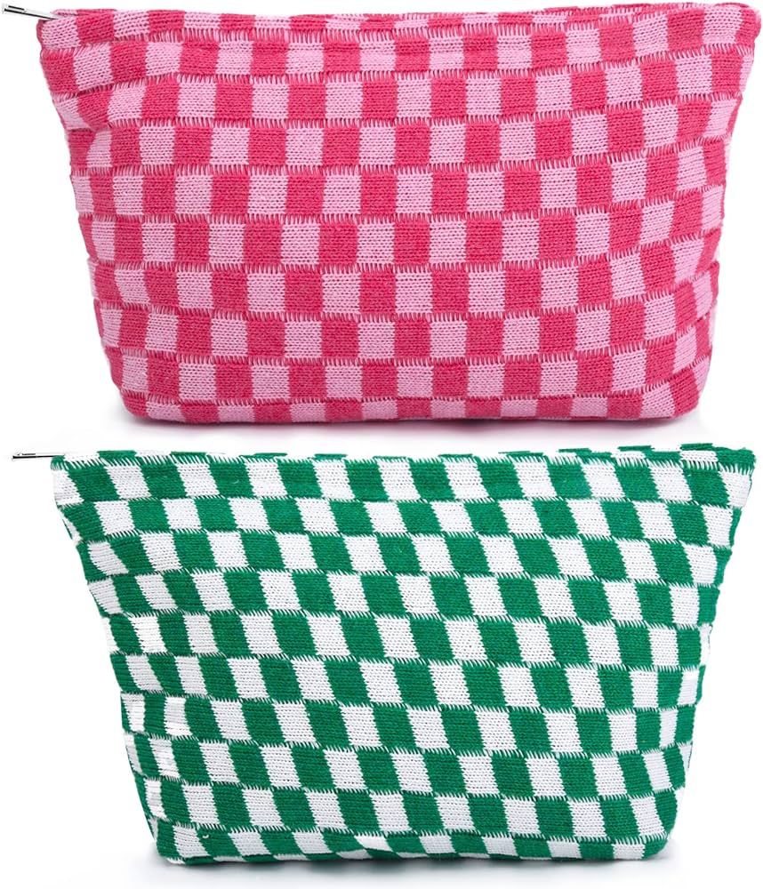 2 Pieces Makeup Bag Large Checkered Cosmetic Bag Pink Green Capacity Canvas Travel Toiletry Bag O... | Amazon (US)