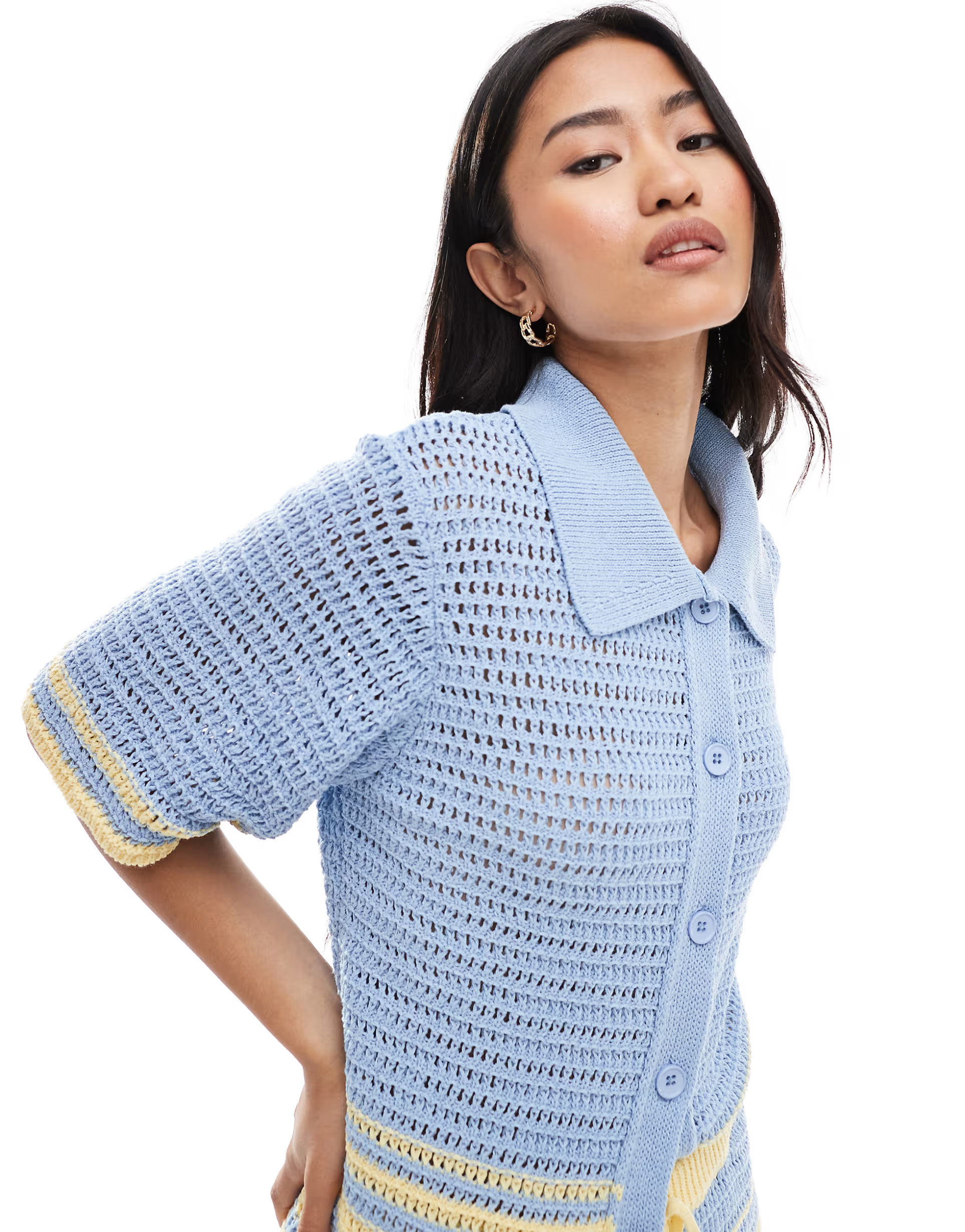 ASOS DESIGN knitted crochet shirt co-ord with shell buttons in blue and yellow stripe | ASOS (Global)