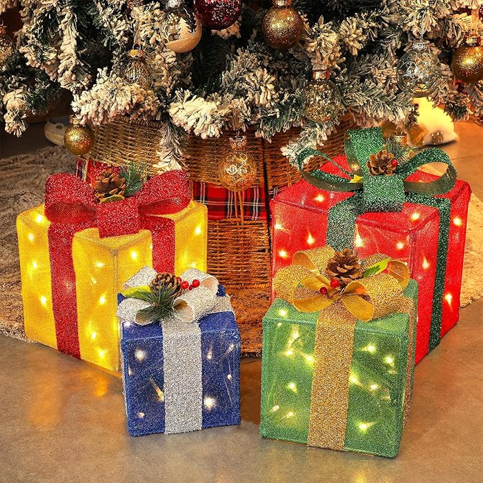 Set of 4 Christmas Lighted Gift Boxes Decorations, Pre-lit Tinsel Present Box with Bowknot(Red Gr... | Amazon (US)