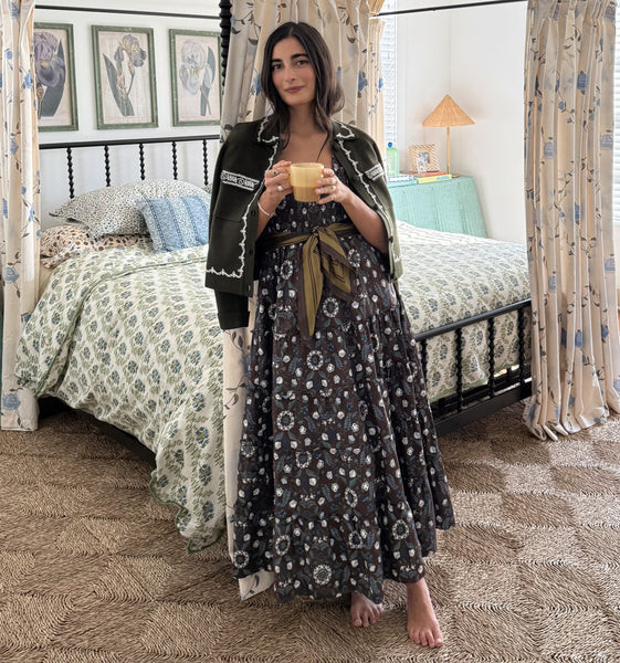 The Ellie Maxi Nap Dress - Chocolate Swedish Floral | Hill House Home US