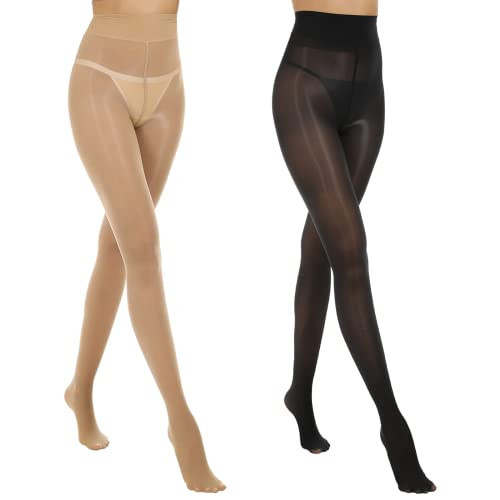 MANZI 2 Pairs Women's Shiny Sheer Tights High Waist Silk Comfort Stockings Oil Shimmery Nylons Pantyhose Black and Natural L-XL | Amazon (US)