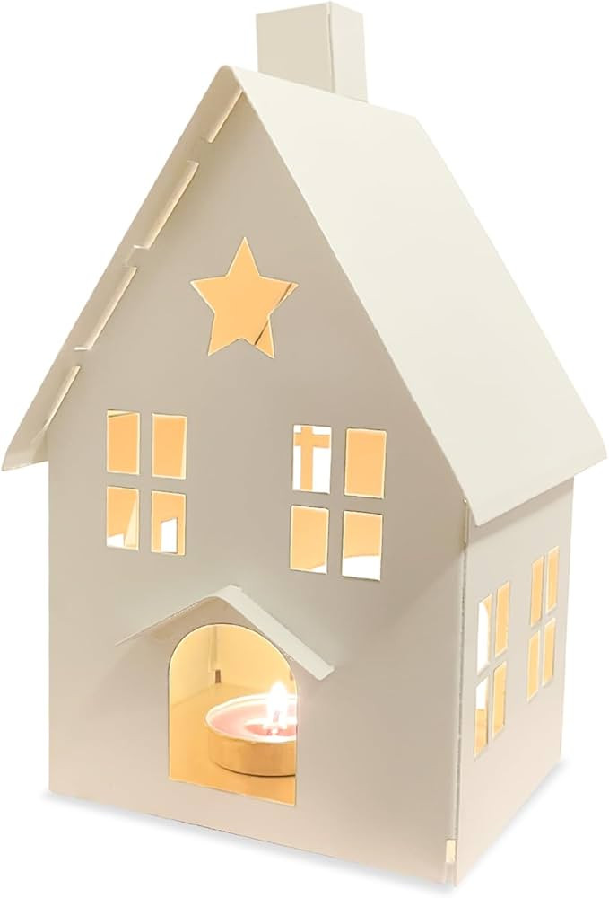 Nordic Country Farmhouse Tealight Candle Holder, White Metal House Shaped Candle Lantern for Home... | Amazon (US)