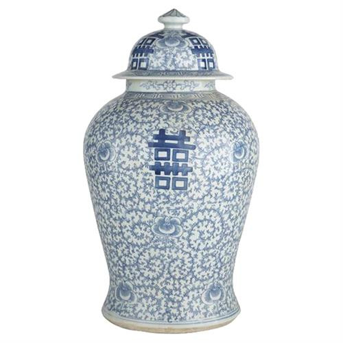 Neo French Country Blue and White Double Happiness Floral Porcelain Temple Jar | Kathy Kuo Home