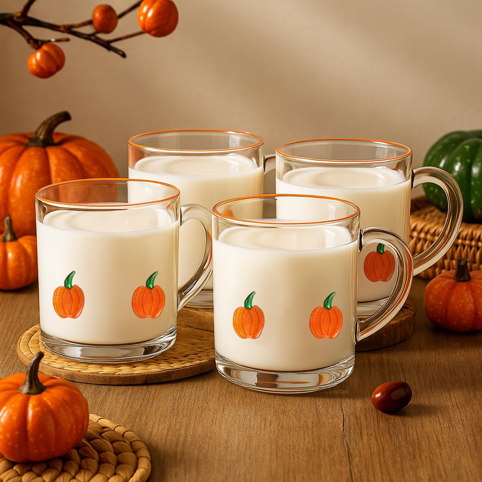4 Pack Fall Glass Cups 14oz Pumpkin Mug with Handle Clear Drinking Glasses Double Old Fashioned H... | Amazon (US)