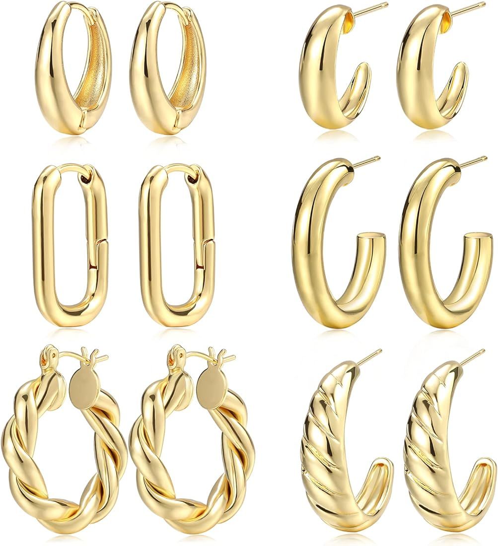 Gold Hoop Earrings Set for Women, 6 Pairs 14K Gold Plated Lightweight Hypoallergenic Chunky Open Hoo | Amazon (US)