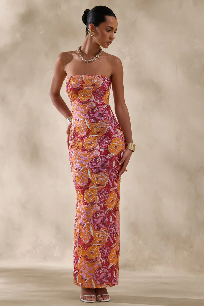 Mabel  Orange Floral Sequin Bandeau-Neck Maxi Dress | Club L London