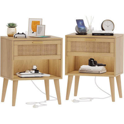Boho Style Nightstand Set Of 2 With Charging Station, Rattan Drawer, And Open Storage, Solid Legs Bedside Tables For Modern Bedrooms | Wayfair North America
