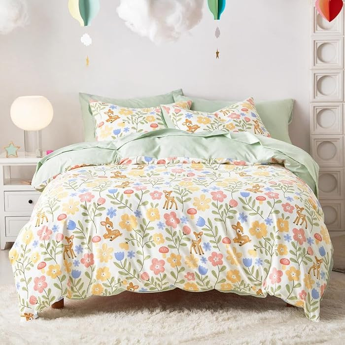 Wake In Cloud - Floral Bedding Set for Girls, Cute Colorful Botanical Flowers Deers Patterned Sof... | Amazon (US)
