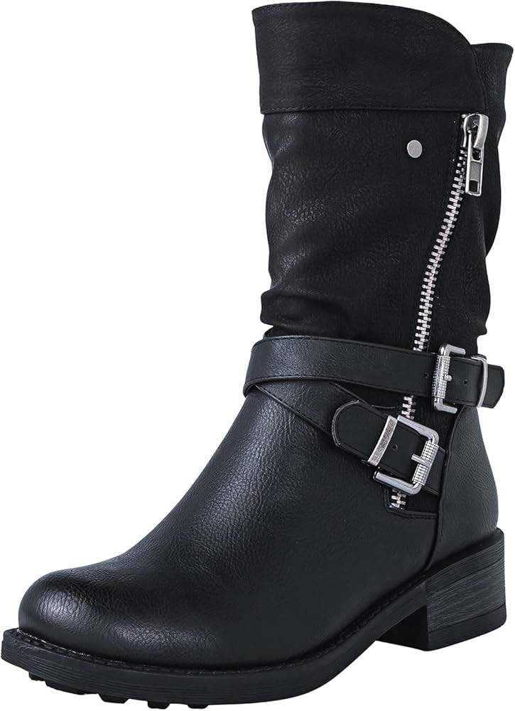 GLOBALWIN Women's Fall Fashion Biker Boots Mid Calf Boots For Women Low Heel | Amazon (US)