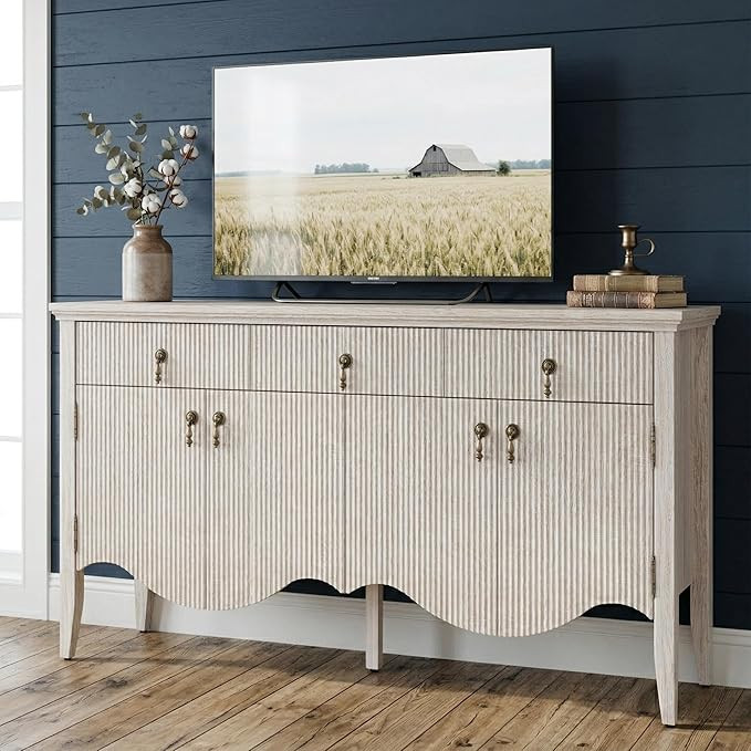 FUSUNBAO 57-Inch Sideboard Buffet Cabinet with 3 Drawers and 4 Doors, Vintage Fluted Sideboard wi... | Amazon (US)