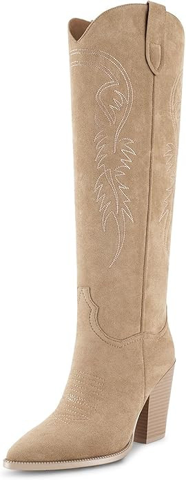 ISNOM Women's Cowgirl Boots Pull On Knee High Boots, Cowboy Western Embroidered Chunky Block Heel... | Amazon (US)