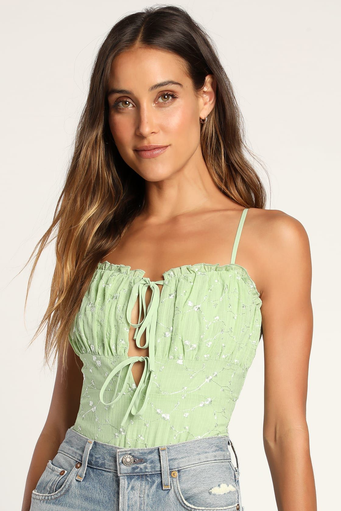Romance the Room Sage Green Embroidered Tie-Front Bodysuit | Lulus (US)