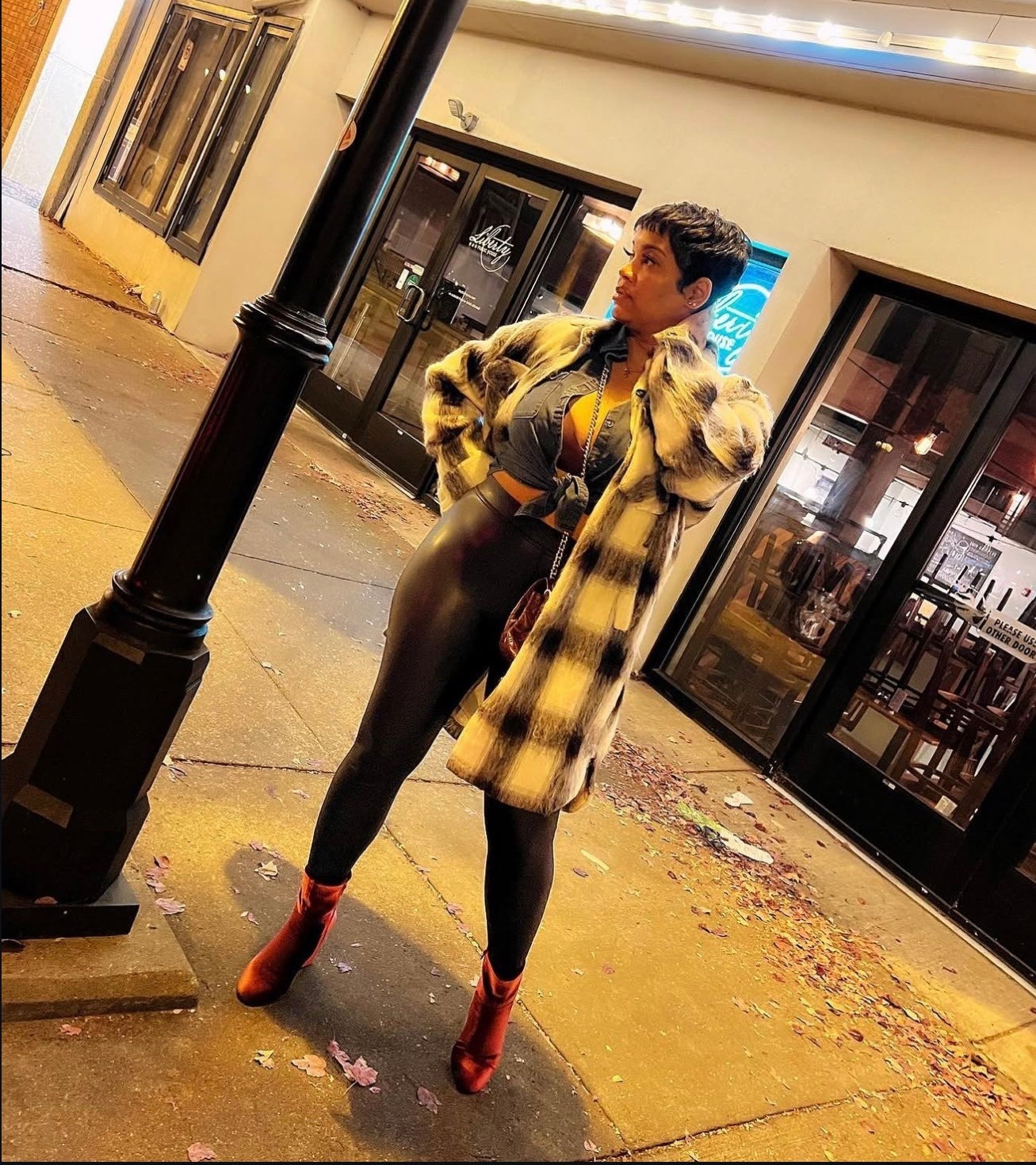 Bold layers for a night out. A statement coat over a fitted top and leggings, finished with standout boots for a confident, city-ready look.

#LTKstyle #LTKfall #LTKootd
