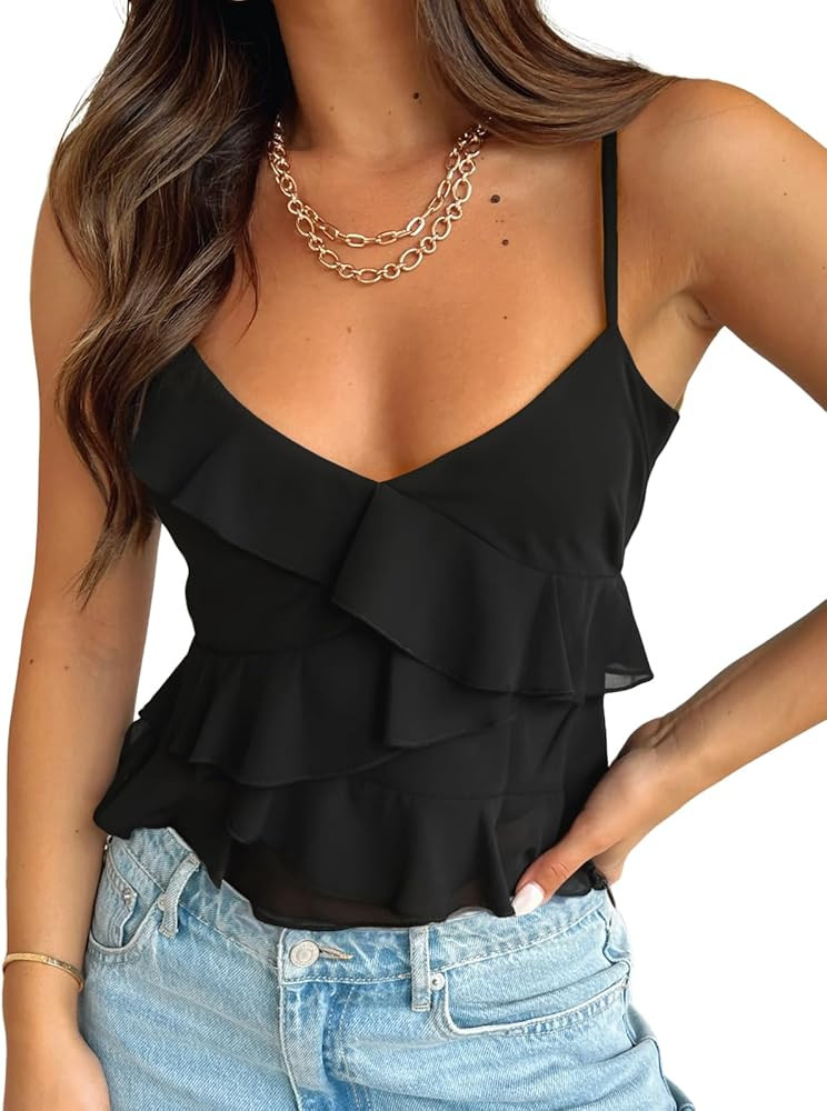 Trendy Queen Tank Tops for Women V Neck Sexy Going Out Tops Camisole Summer Flowy Ruffle Spaghett... | Amazon (US)