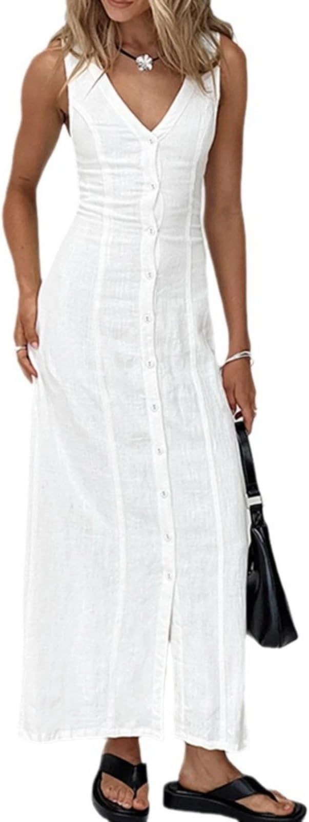 White Maxi Dresses for Women - Sleeveless V-Neck Button Cotton Linen Dress with Waist-Cinched Des... | Amazon (US)