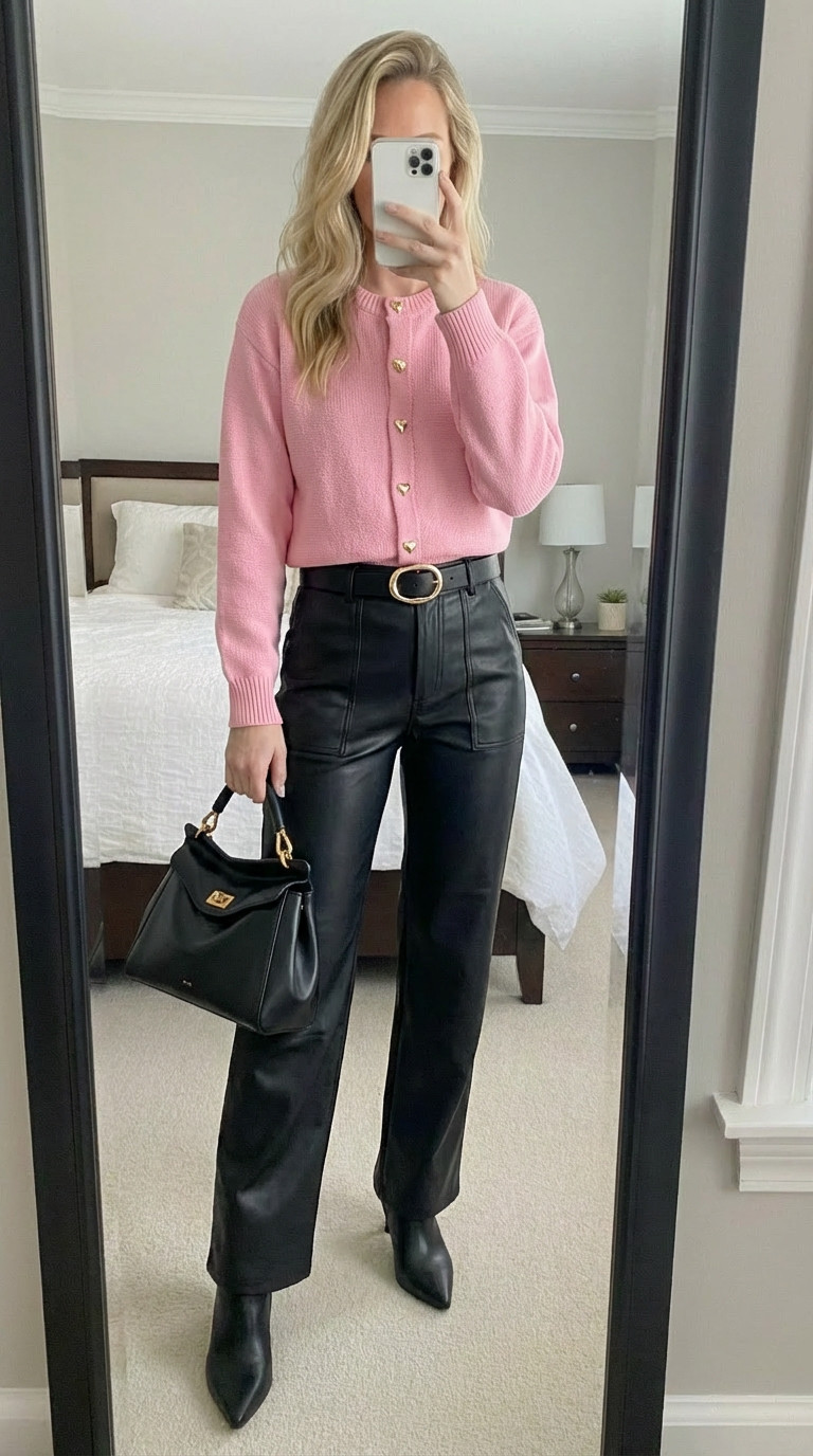 Pink and black is the perfect combo! 💕🖤
This pink cropped cardigan with gold heart buttons is SO cute! Love the soft knit fabric, crew neck, and how it pairs perfectly with these black faux leather pants. The color contrast is chef's kiss!
The high-waisted leather pants are incredibly flattering with the front pocket details and straight leg fit. Added a black belt and black pointed toe ankle boots to complete the look. My black structured handbag with gold hardware ties everything together beautifully!
This outfit is perfect for Valentine's Day, date night, girls night out, or any time you want to look polished and put together. The pink adds such a feminine touch while the leather keeps it edgy!
The cardigan comes in multiple colors and can be styled so many ways. These faux leather pants are a closet staple - they elevate any casual outfit instantly!
Shop this look by following me in the LTK app 🛍️ 

 #LTKfinds #LTKstyletip #LTKunder100 #pinkcardigan #leatherpants #fauxleather #blackandpink #valentinesdayoutfit #datenight #datenightoutfit #blackboots #pointedtoeboots #structuredbag #goldhardware #ootd #outfitinspo #chicstyle #elevatedstyle #fashionfinds #fallfashion #winterstyle #casualchic #LTKholiday #LTKdayinmylife #LTKgrwm #LTKootd