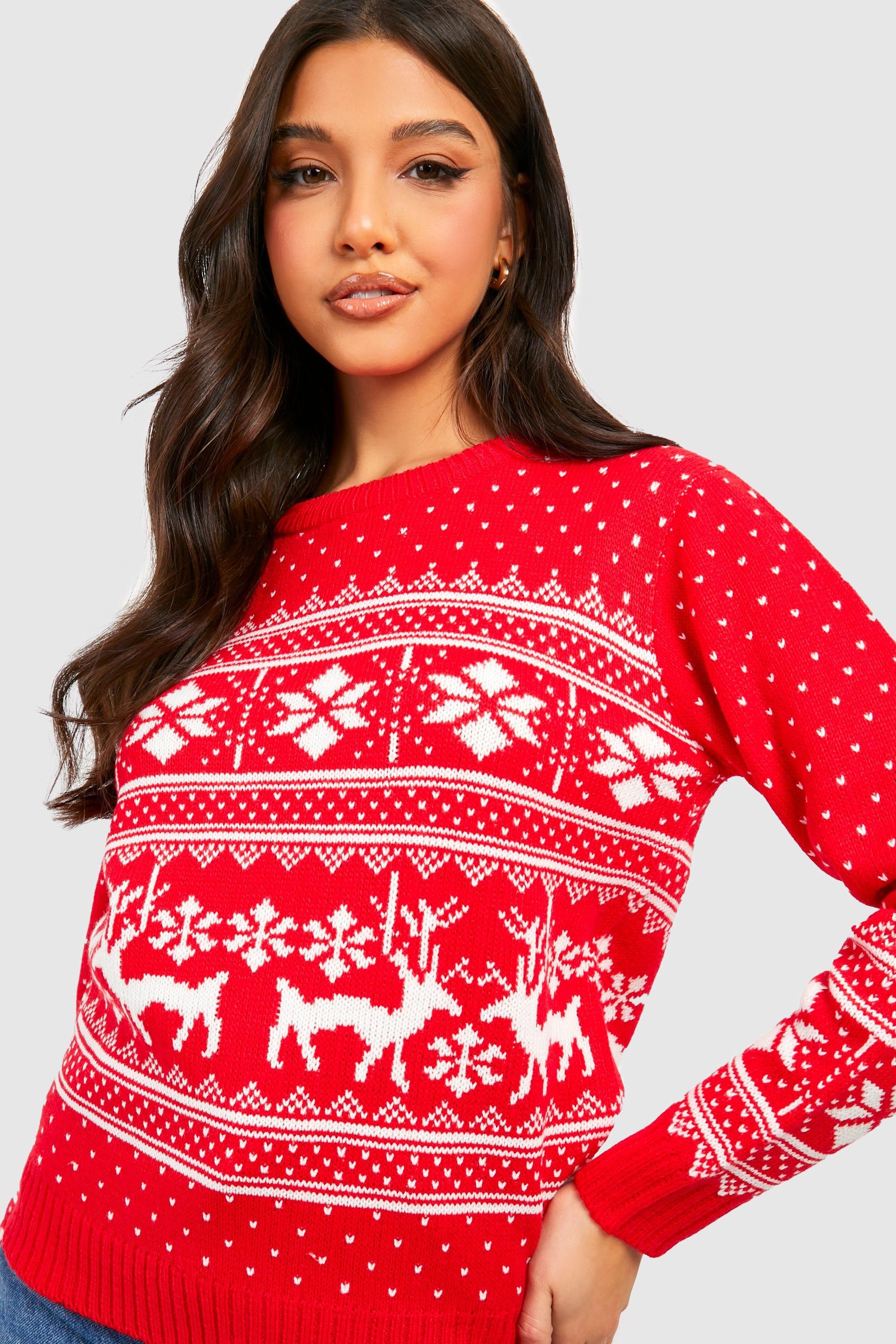 Womens Fairisle Snowflake Reindeer Christmas Sweater - Red - M | Boohoo.com (US & CA)