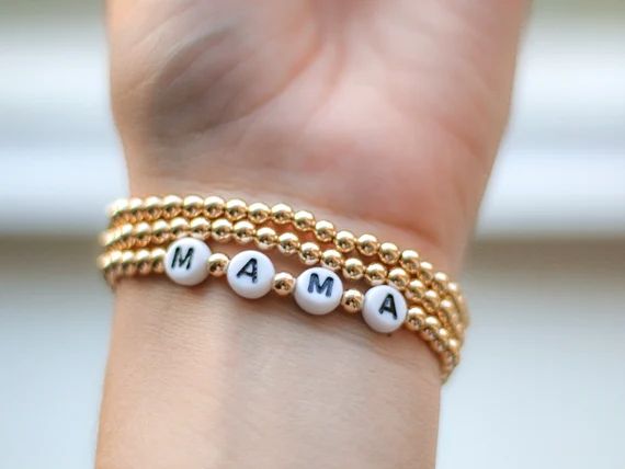 14k Gold Filled Beaded Name Bracelet | 14k Gold Filled 4mm Mama Bracelet | Custom Name Bracelet |... | Etsy (US)