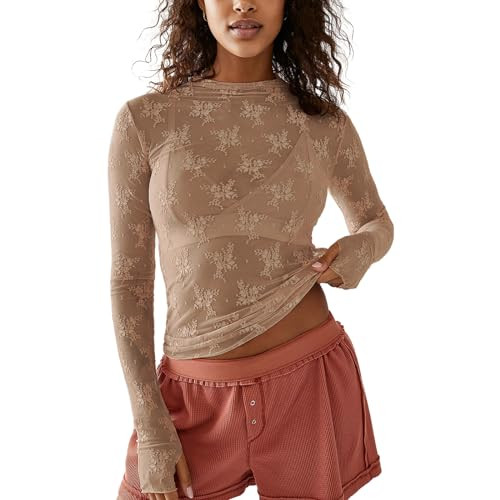Shiyifa Women's Long Sleeve Mesh Top Sexy Mock Neck Sheer Blouse Floral See Through Layering Lace Tops | Amazon (US)