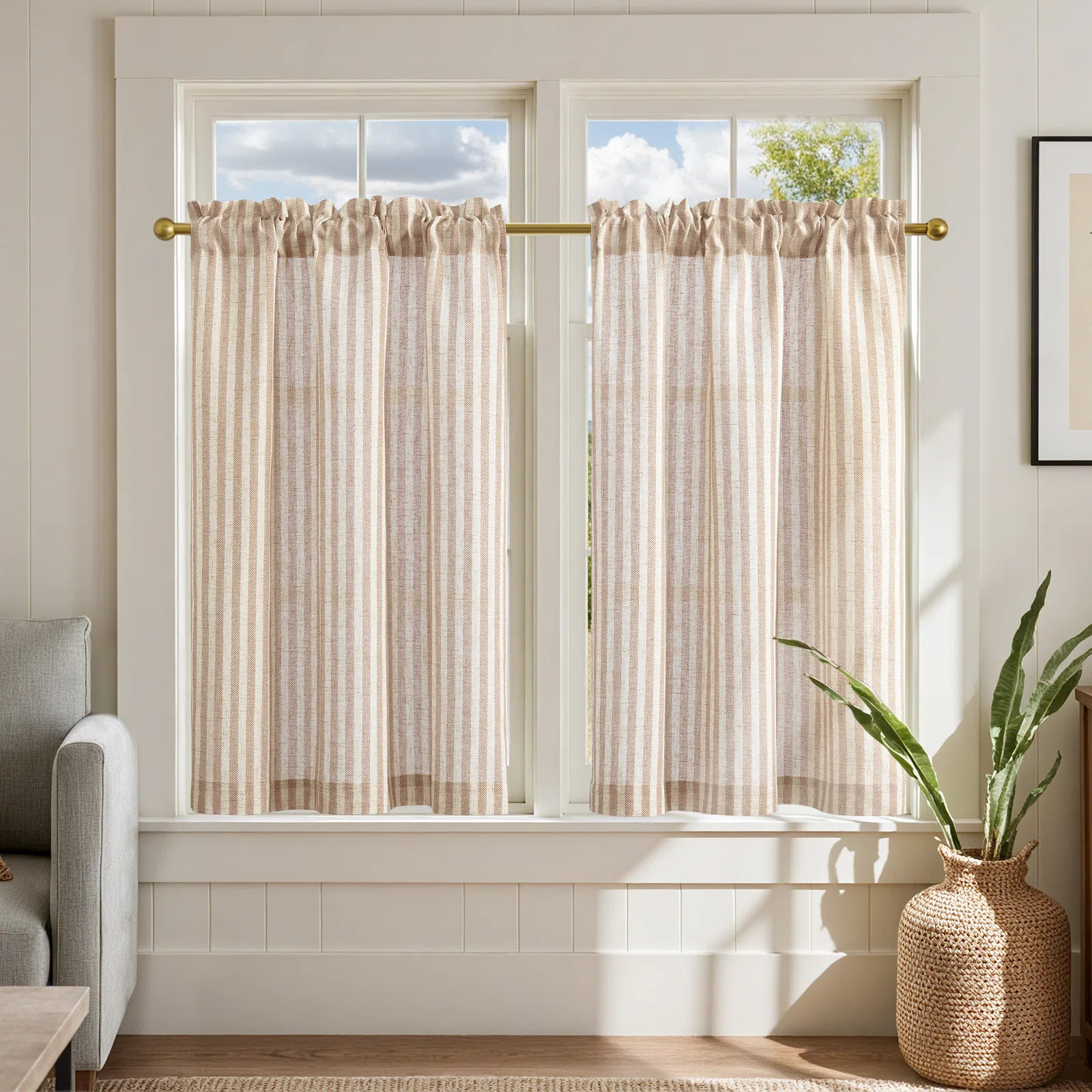 Linen Rod Pocket Light Filtering Striped Kitchen Cafe Curtains Curtains (Set of 2) | Wayfair North America