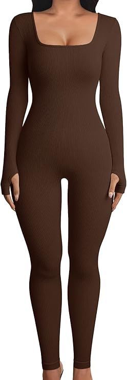 One Piece Jumpsuits for Women Long Sleeve Bodycon Sexy Jumpsuit Full Bodysuit Athletic Ribbed Wor... | Amazon (CA)