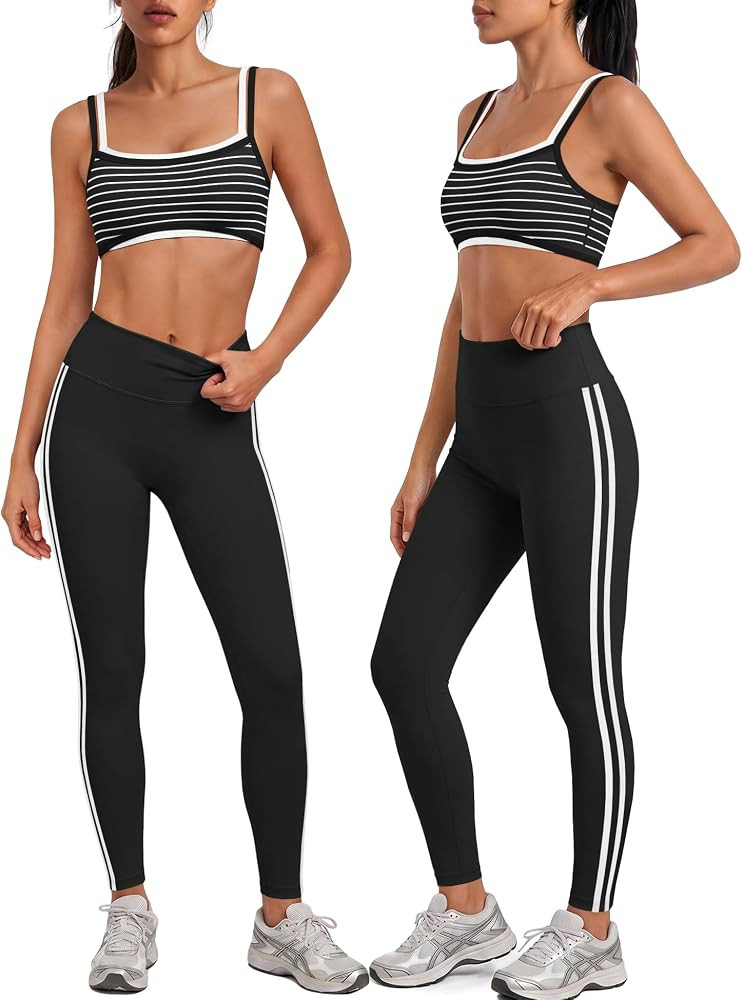 Nirovien Striped Workout Set Layered 2 Piece Pilates Outfits | Amazon (US)